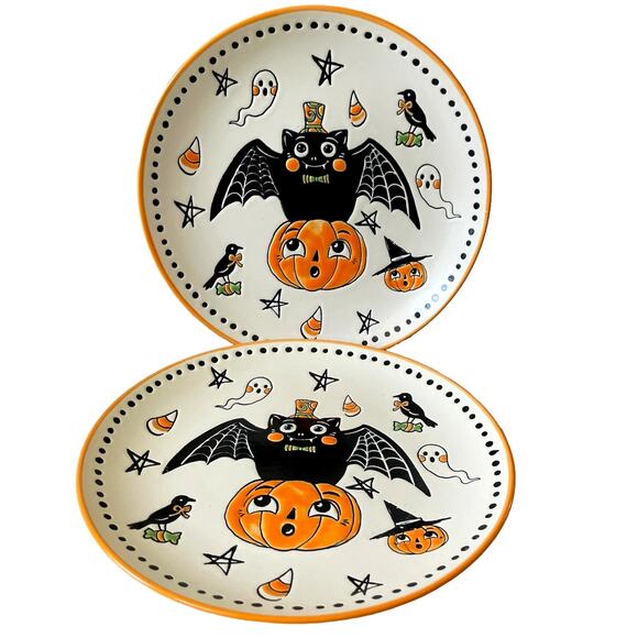 Eli + Ana Halloween CREEP SHOW Salad Plates 8in Set 2 Ceramic Vintage Inspired - Picture 4 of 10